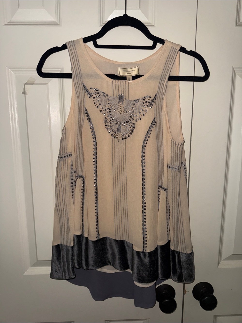Moulinette Soeurs Cream Camisole with Gray Satin Hem and Beaded Front